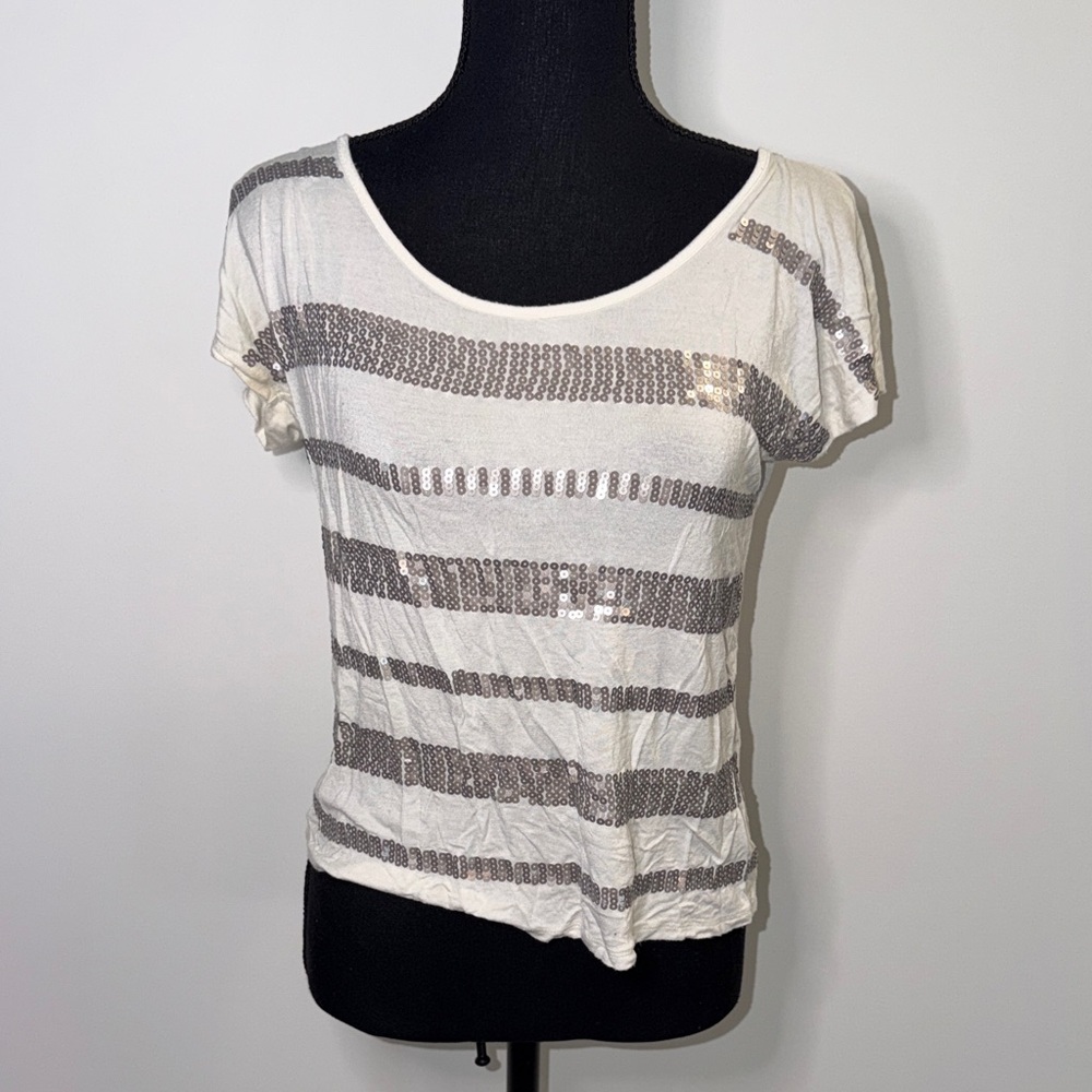 Sequin Stripe Scoop Neck Women's Top - White/Silver